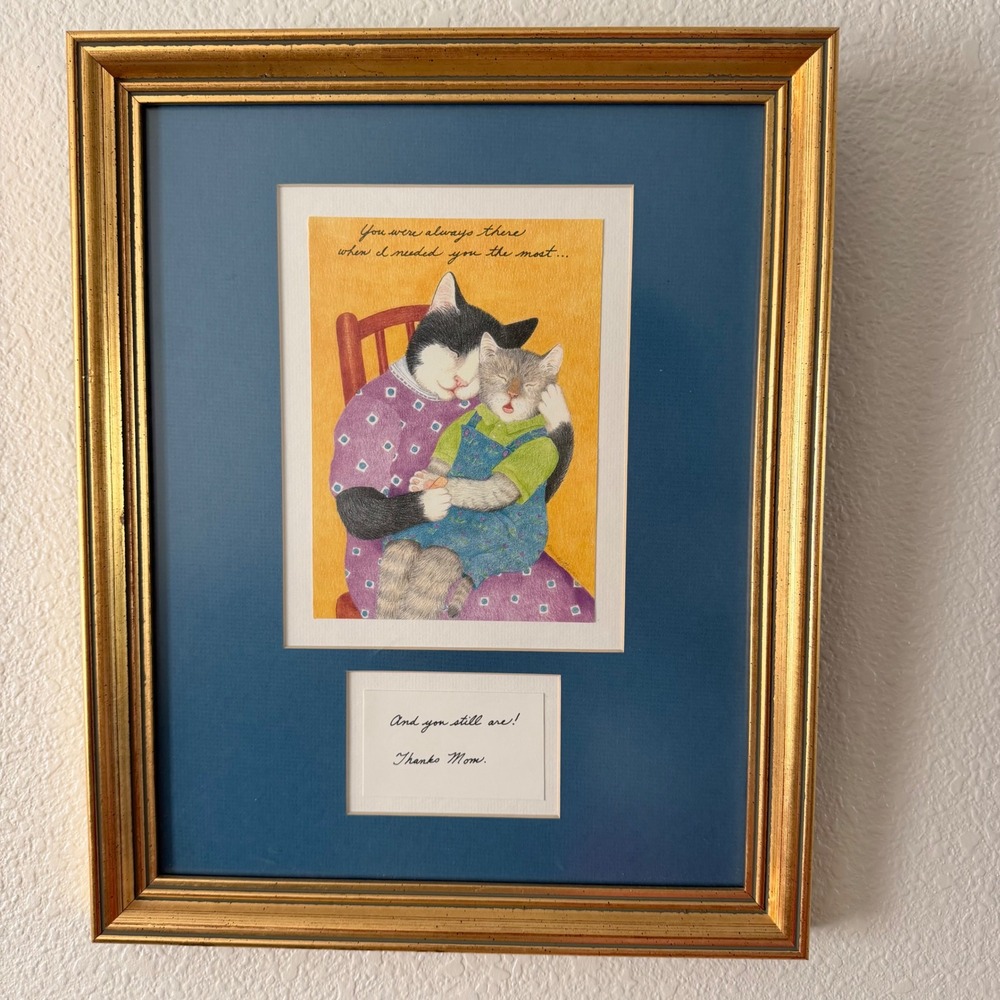 Paris Bottman Signed Framed Folk Art Print Cat Mother Holding A Kitten